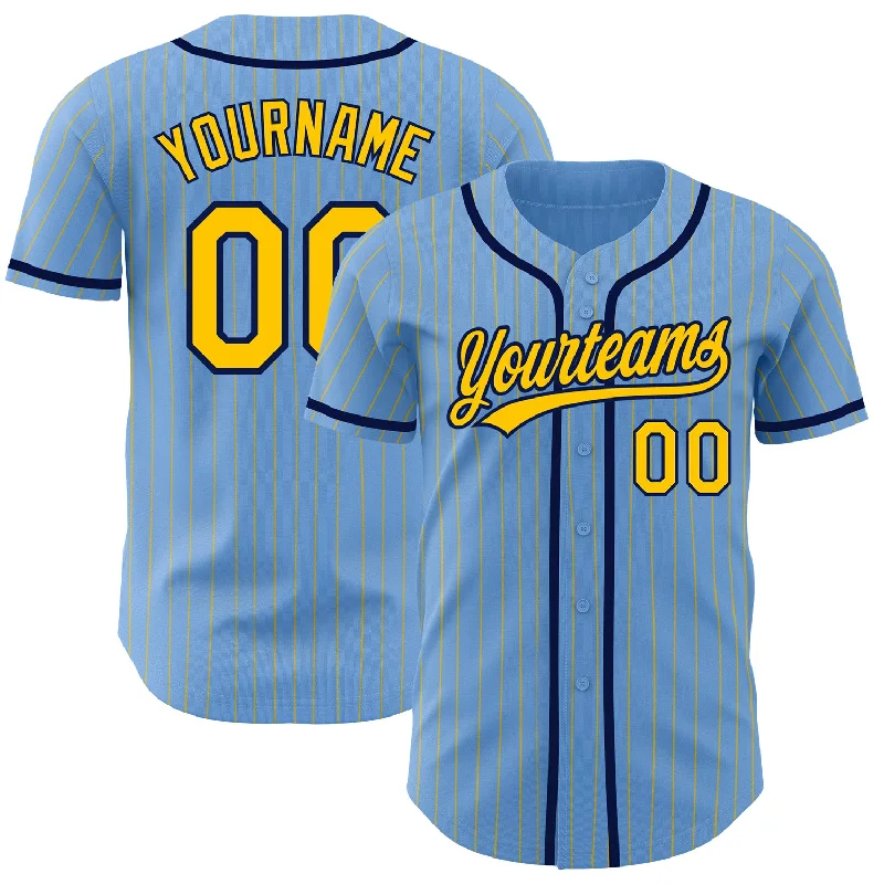 Baseball Jersey for Comfortable Cotton Fabric-Custom Light Blue Yellow Pinstripe Navy Authentic Baseball Jersey