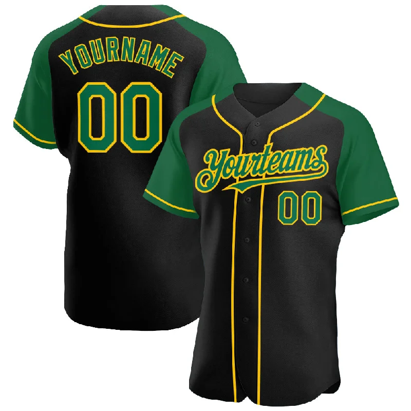 Baseball Jersey for Custom Team Logos and Names-Custom Black Kelly Green-Yellow Authentic Raglan Sleeves Baseball Jersey