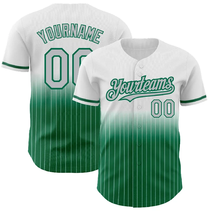 Baseball Jersey for Customized Team Designs-Custom White Pinstripe Gray-Kelly Green Authentic Fade Fashion Baseball Jersey