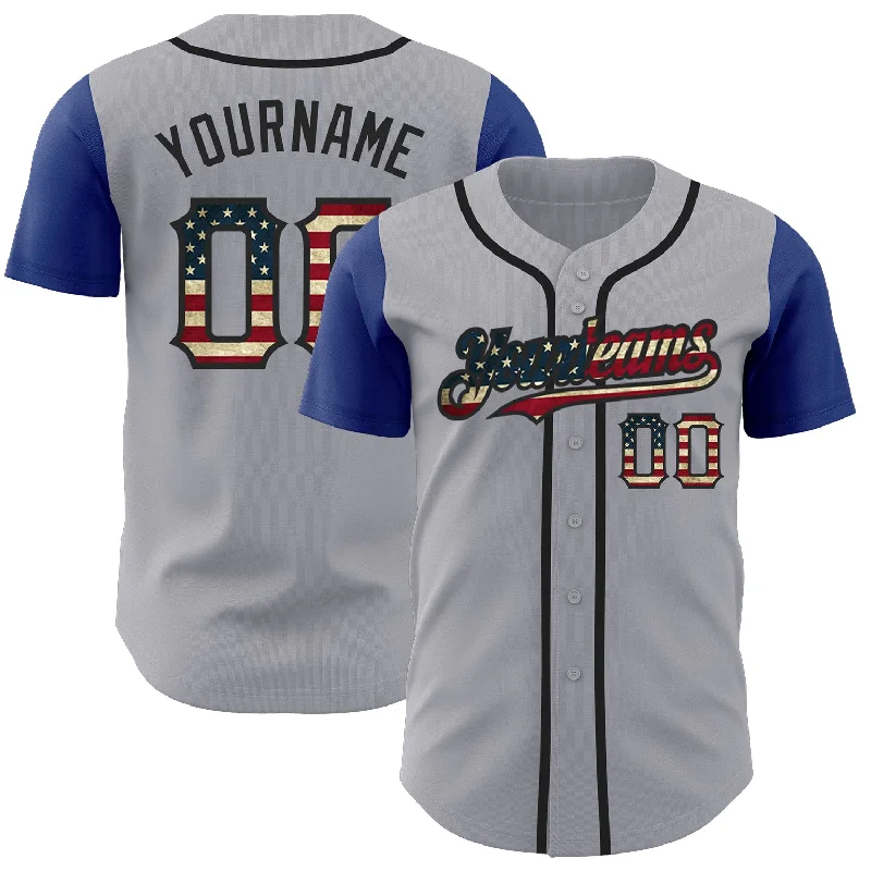 Baseball Jersey for Personalized Numbering and Names-Custom Gray Vintage USA Flag Royal-Black Authentic Two Tone Baseball Jersey