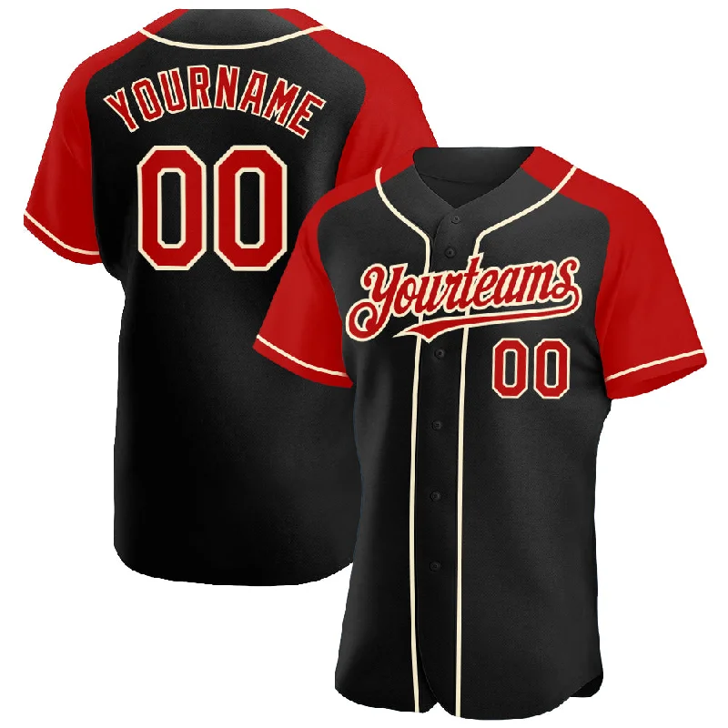 Baseball Jersey for Durable Material-Custom Black Red-Cream Authentic Raglan Sleeves Baseball Jersey