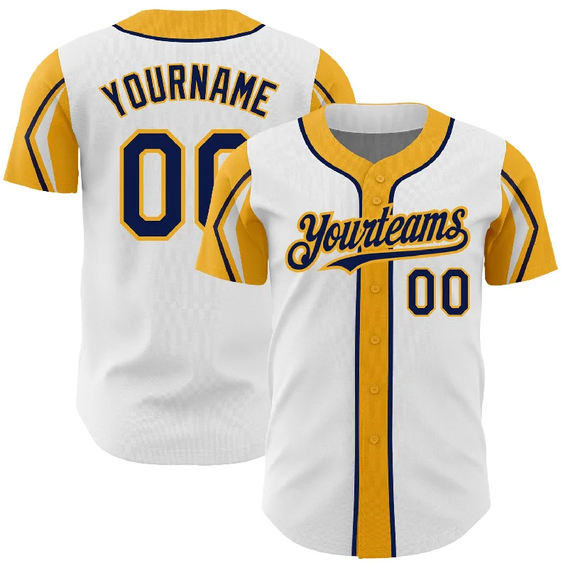 Baseball Jersey for Custom Name and Numbering-Custom White Navy-Gold 3 Colors Arm Shapes Authentic Baseball Jersey