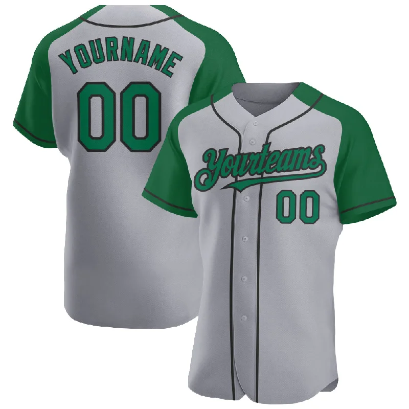 Baseball Jersey for Sports Event Wear-Custom Gray Kelly Green-Black Authentic Raglan Sleeves Baseball Jersey