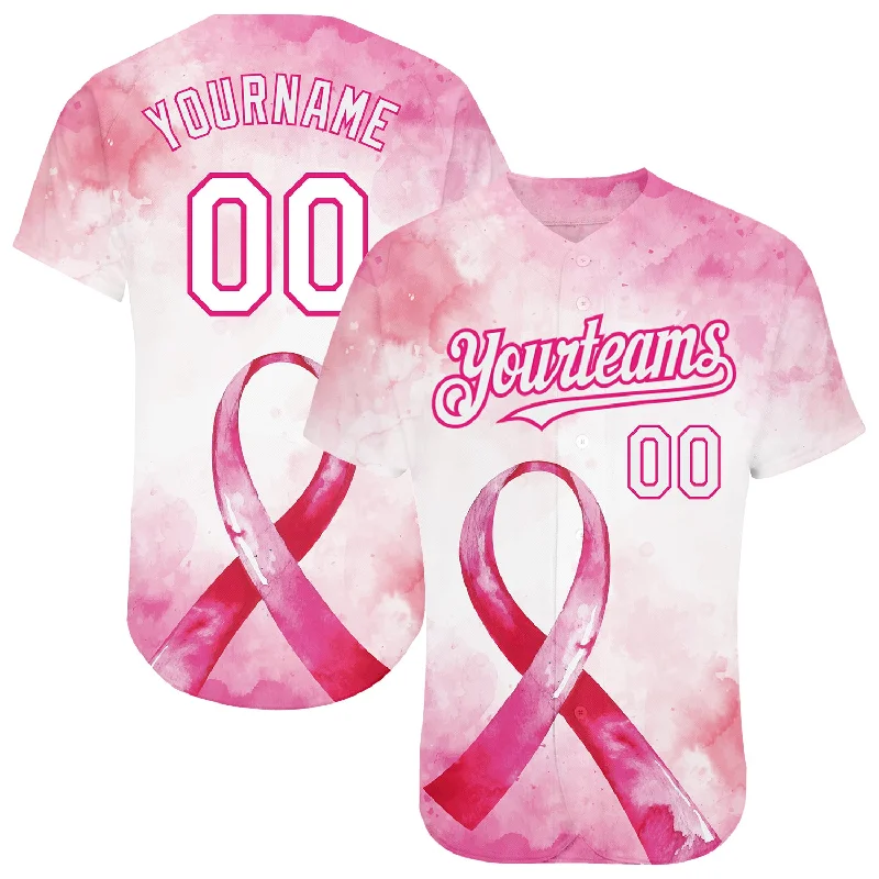 Baseball Jersey for Customizable Team Names-Custom Pink White-Hot Pink 3D Pink Ribbon Breast Cancer Awareness Month Women Health Care Support Authentic Baseball Jersey