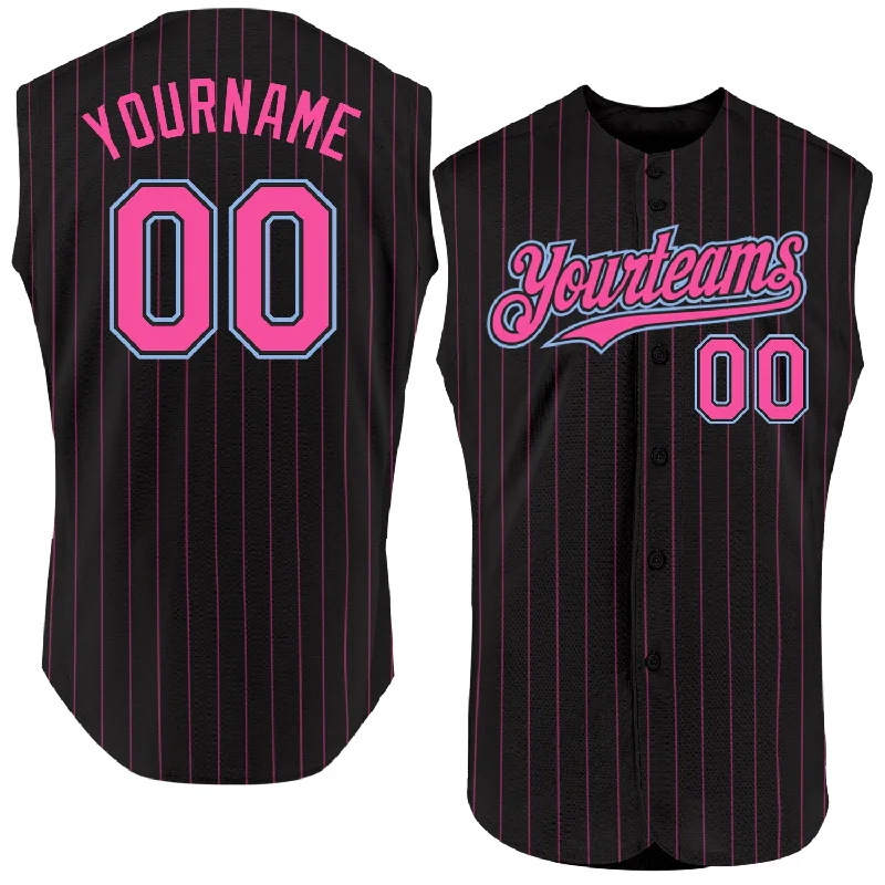 Baseball Jersey for Youth Sports Events-Custom Black Pink Pinstripe Aqua Authentic Sleeveless Baseball Jersey