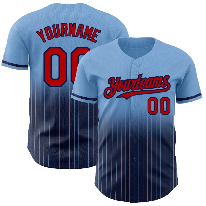 Baseball Jersey for High-School Baseball Teams-Custom Light Blue Pinstripe Red-Navy Authentic Fade Fashion Baseball Jersey