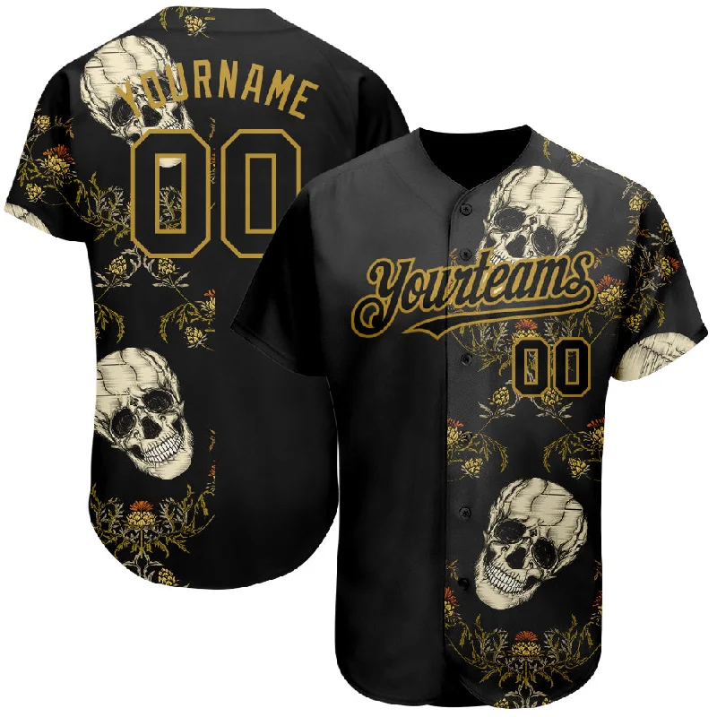 Baseball Jersey for Stylish Street Wear-Custom Black Old Gold 3D Plant And Skull Fashion Authentic Baseball Jersey