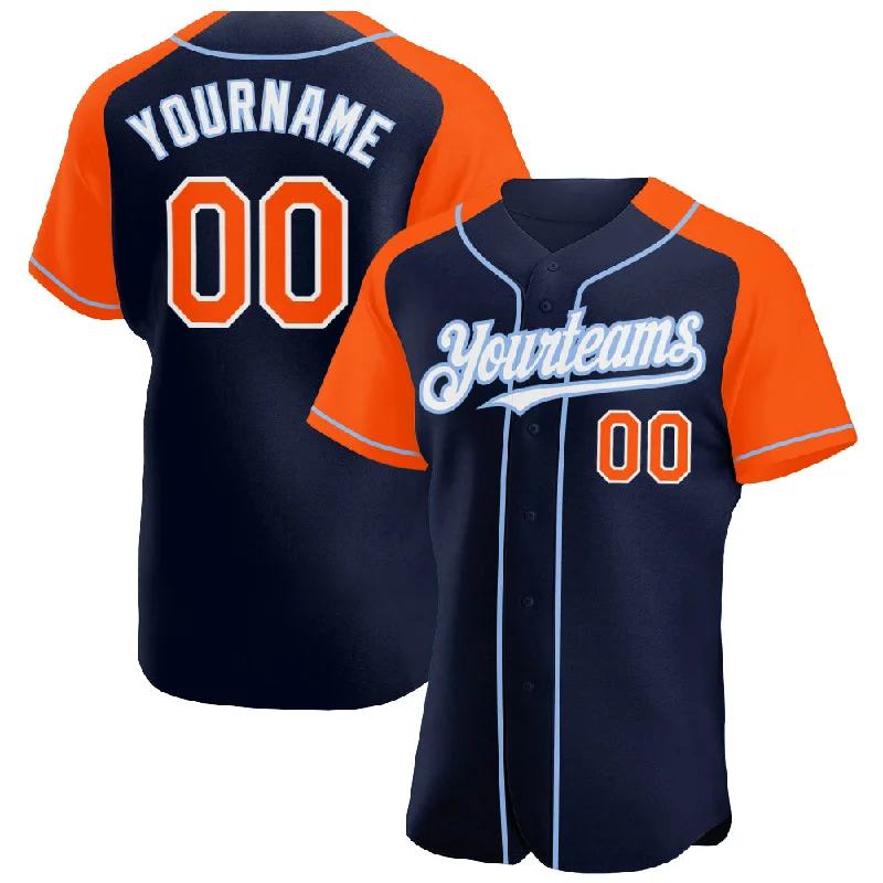 Baseball Jersey for Comfortable Game Wear-Custom Navy Orange-Light Blue Authentic Raglan Sleeves Baseball Jersey