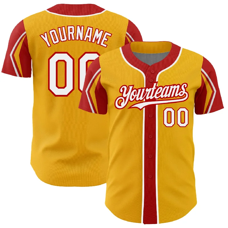 Baseball Jersey for School Spirit Wear-Custom Gold White-Red 3 Colors Arm Shapes Authentic Baseball Jersey