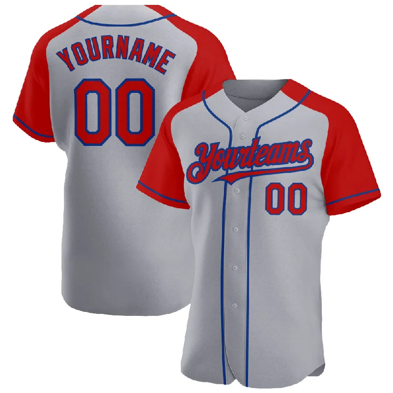 Baseball Jersey for Team Player Fit-Custom Gray Red-Royal Authentic Raglan Sleeves Baseball Jersey