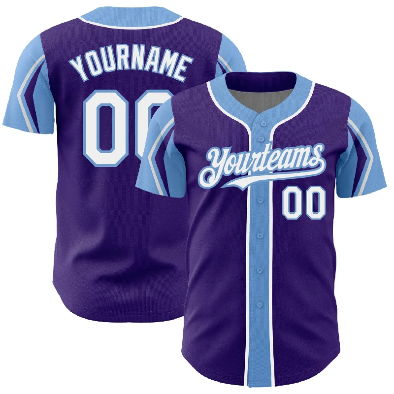 Baseball Jersey for Game Night Apparel-Custom Purple White-Light Blue 3 Colors Arm Shapes Authentic Baseball Jersey