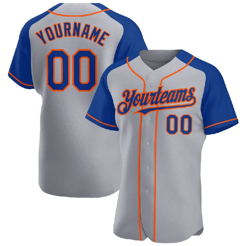 Baseball Jersey for Customizable Team Names-Custom Gray Royal-Orange Authentic Raglan Sleeves Baseball Jersey