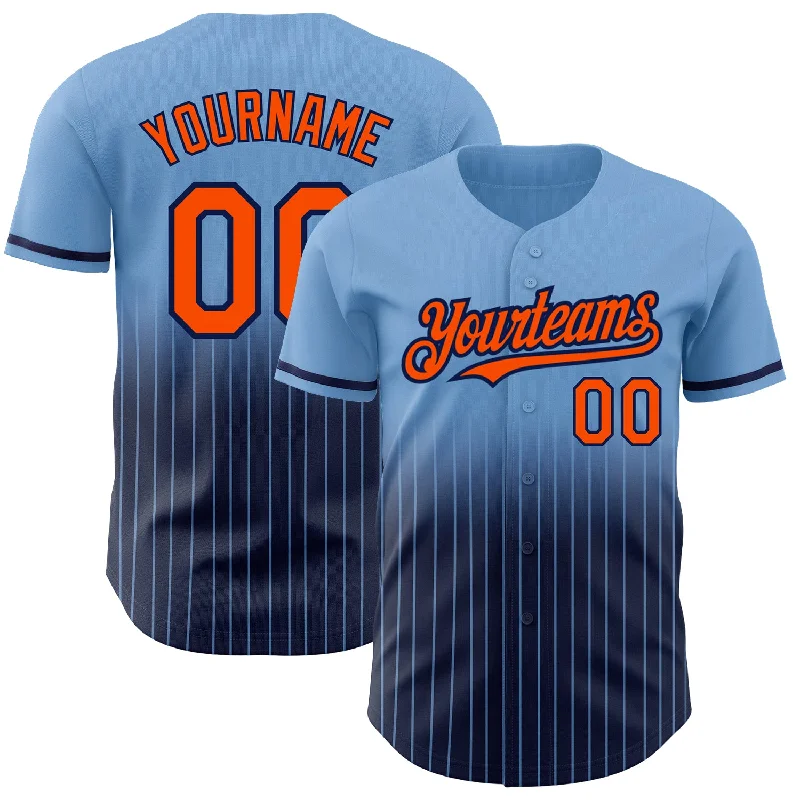 Baseball Jersey for Soft and Comfortable Fit-Custom Light Blue Pinstripe Orange-Navy Authentic Fade Fashion Baseball Jersey