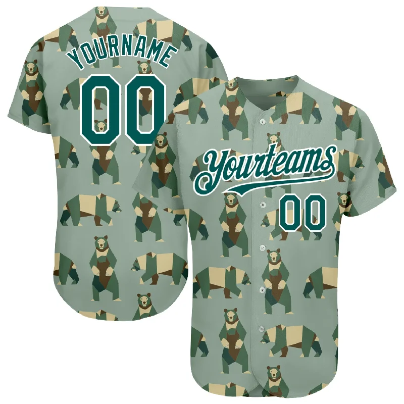 Baseball Jersey for Retro Baseball Look-Custom Green Grass Green-White 3D Pattern Design Bear Authentic Baseball Jersey