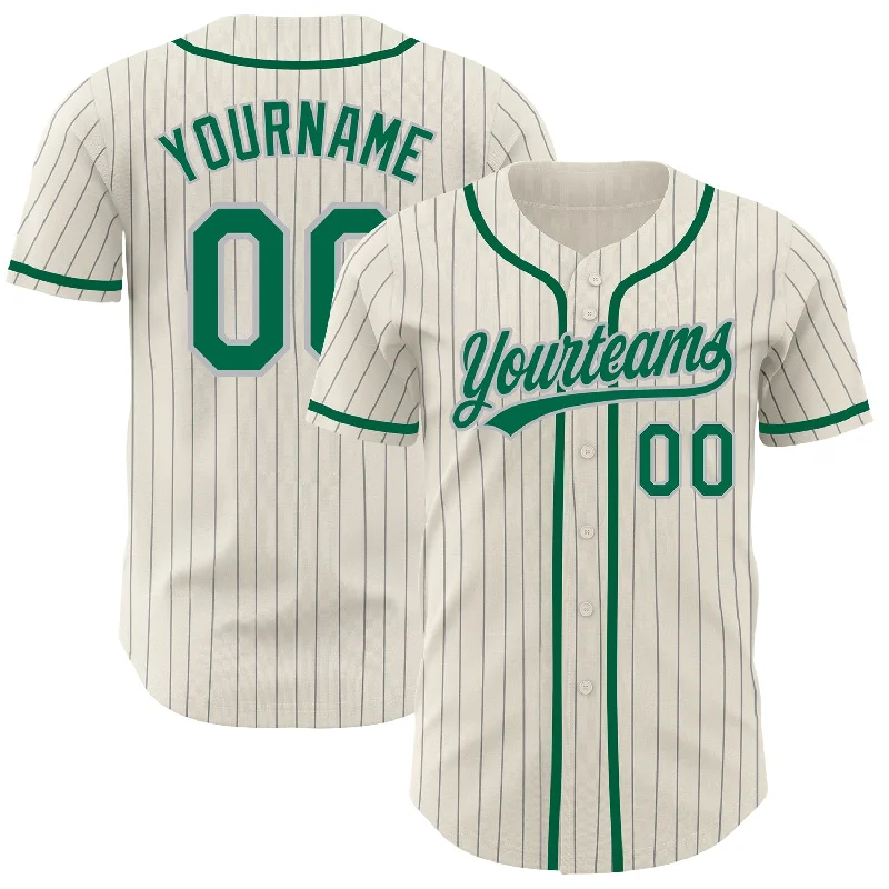 Baseball Jersey for Youth and Adult Sizes-Custom Cream Gray Pinstripe Kelly Green Authentic Baseball Jersey