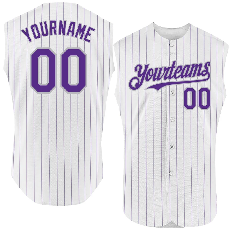 Baseball Jersey for High-Quality Materials-Custom White Purple Pinstripe Black-Gray Authentic Sleeveless Baseball Jersey