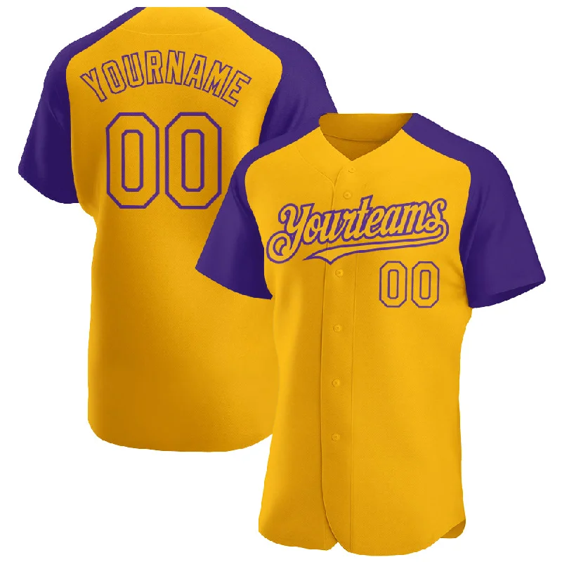 Baseball Jersey for Lightweight Cotton Design-Custom Gold Purple Authentic Raglan Sleeves Baseball Jersey