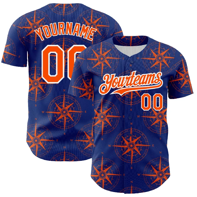 Baseball Jersey for Comfortable and Soft Sportswear-Custom Royal Orange-White 3D Pattern Design Navigation Compass Authentic Baseball Jersey