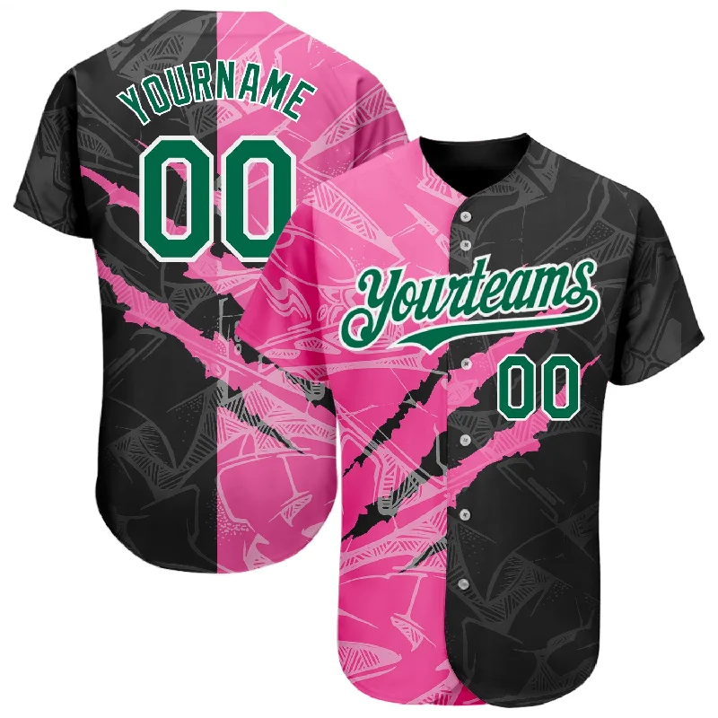 Baseball Jersey for Boys-Custom Graffiti Pattern Kelly Green Black-Pink 3D Scratch Authentic Baseball Jersey