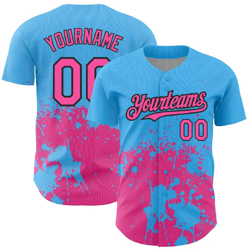 Baseball Jersey for Retro and Vintage Style-Custom Sky Blue Pink-Black 3D Pattern Design Abstract Splash Grunge Art Authentic Baseball Jersey