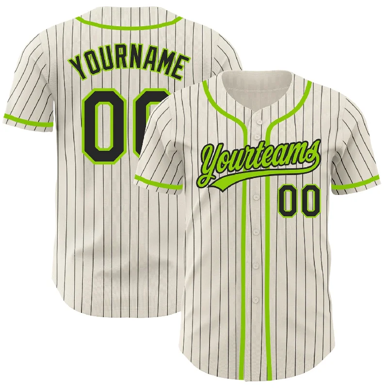 Baseball Jersey for Official Team Branding-Custom Cream Black Pinstripe Neon Green Authentic Baseball Jersey