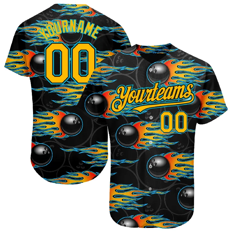 Baseball Jersey for Customizable Team Names-Custom Black Gold-Lakes Blue 3D Pattern Design Bowling Ball With Hotrod Flame Authentic Baseball Jersey