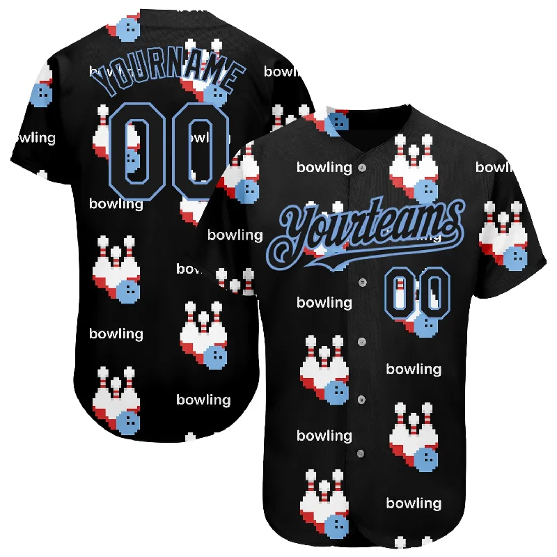 Baseball Jersey for Youth Fan Apparel-Custom Black Light Blue 3D Pattern Design Bowling Authentic Baseball Jersey