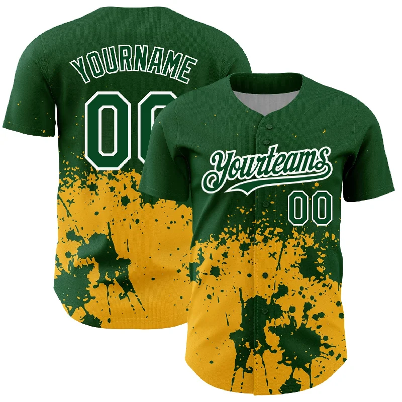 Baseball Jersey for Cool Fabric and Design-Custom Green Gold-White 3D Pattern Design Abstract Splash Grunge Art Authentic Baseball Jersey