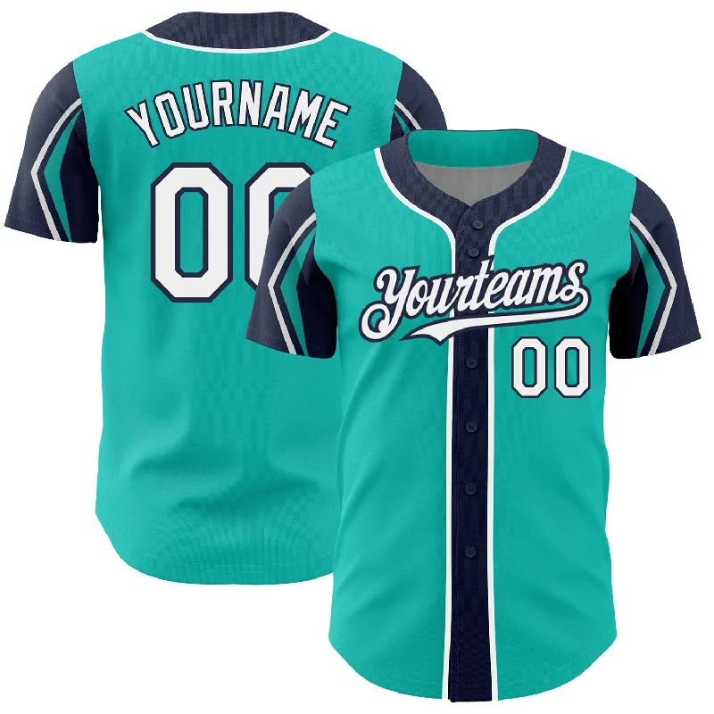 Baseball Jersey for Official Team Uniforms-Custom Aqua White-Navy 3 Colors Arm Shapes Authentic Baseball Jersey