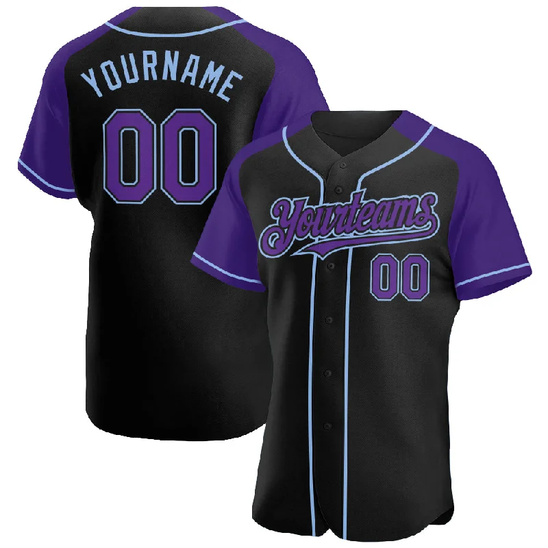 Baseball Jersey for Classic Team Jersey Look-Custom Black Purple-Light Blue Authentic Raglan Sleeves Baseball Jersey