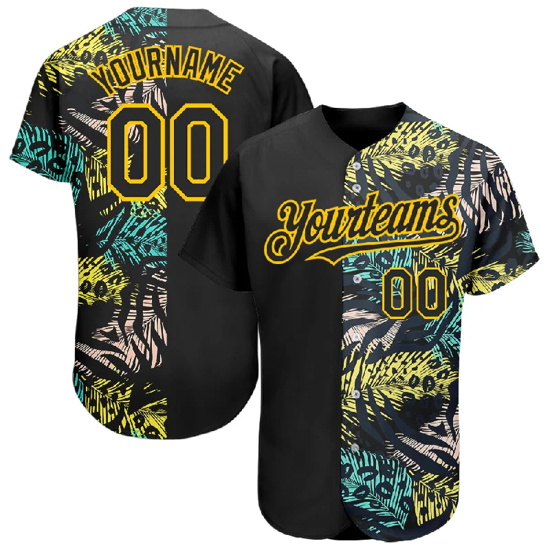 Baseball Jersey for Sports Team Support Apparel-Custom Black Yellow 3D Pattern Design Hawaii Tropical Palm Leaves With Animal Print Authentic Baseball Jersey