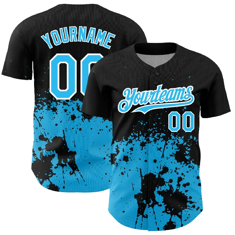 Baseball Jersey for High-Quality Athletic Wear-Custom Black Sky Blue-White 3D Pattern Design Abstract Splash Grunge Art Authentic Baseball Jersey