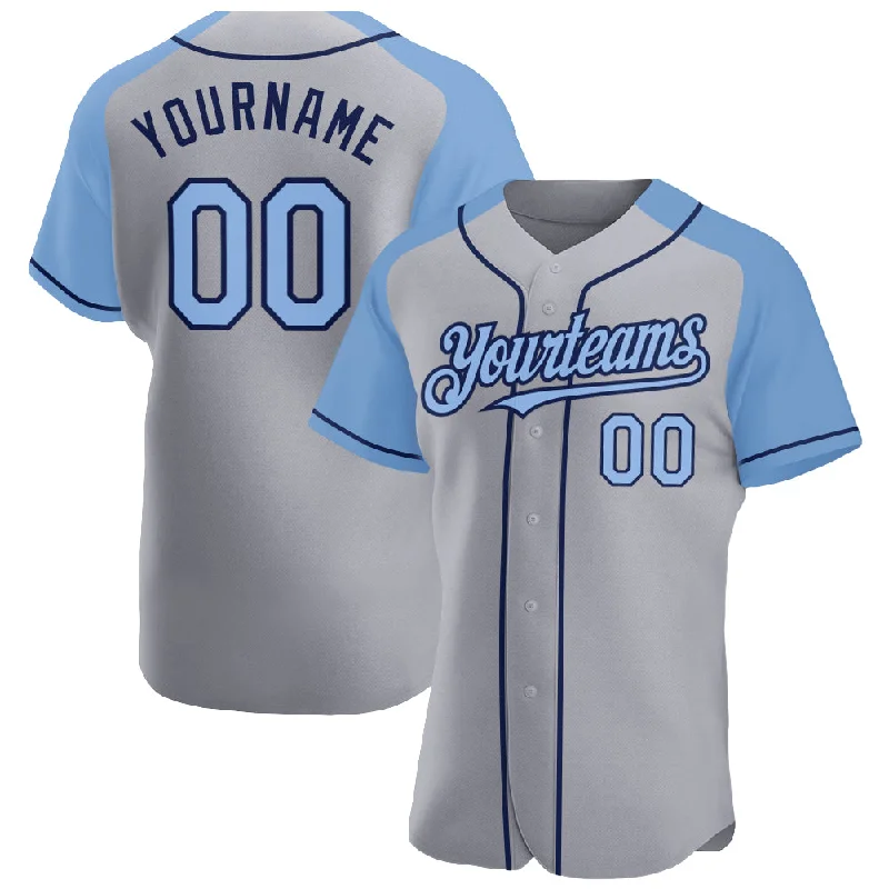 Baseball Jersey for Custom Name and Numbering-Custom Gray Light Blue-Navy Authentic Raglan Sleeves Baseball Jersey