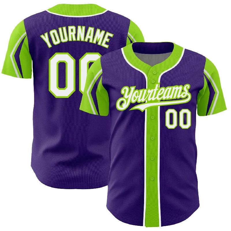 Baseball Jersey for Outdoor Play-Custom Purple White-Neon Green 3 Colors Arm Shapes Authentic Baseball Jersey