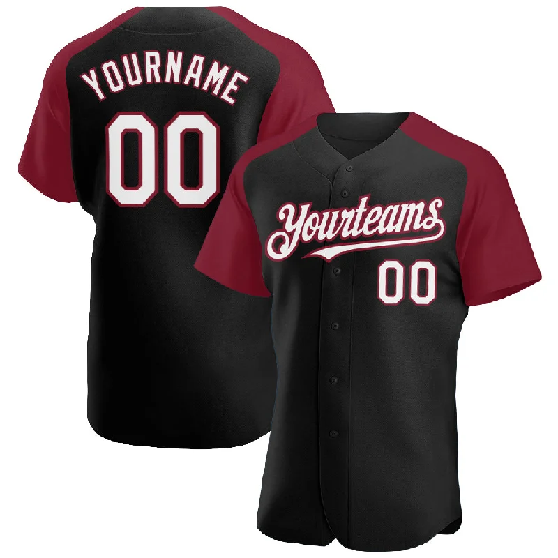 Baseball Jersey for Youth Baseball Gear-Custom Black White-Crimson Authentic Raglan Sleeves Baseball Jersey