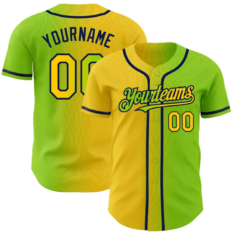 Baseball Jersey for Personalized Team Jerseys-Custom Neon Green Yellow-Navy Authentic Gradient Fashion Baseball Jersey