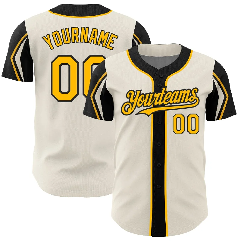 Baseball Jersey for Comfortable Team Fan Gear-Custom Cream Gold-Black 3 Colors Arm Shapes Authentic Baseball Jersey