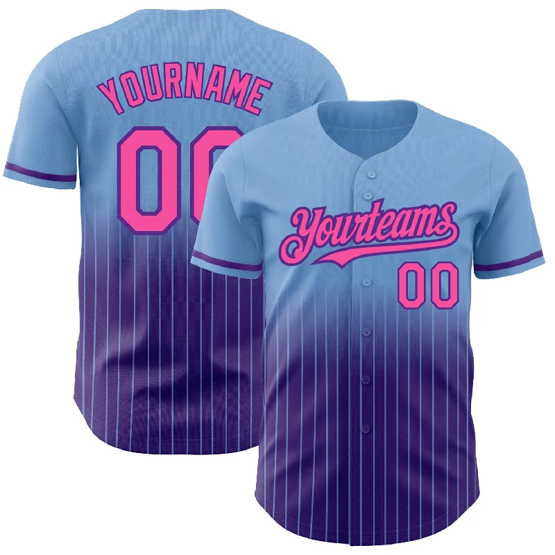 Baseball Jersey for Comfortable Game Wear-Custom Light Blue Pinstripe Pink-Purple Authentic Fade Fashion Baseball Jersey