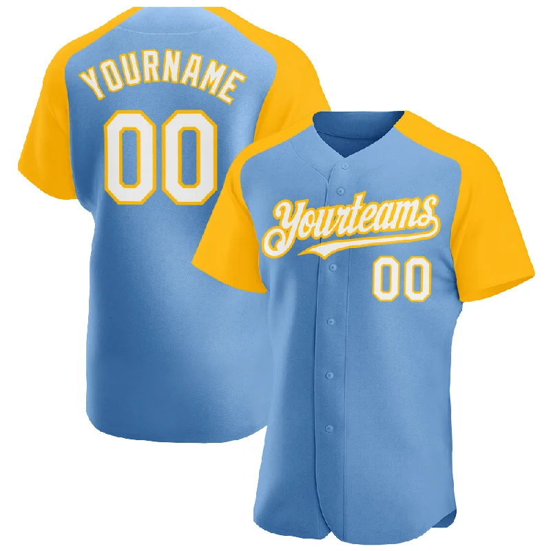 Baseball Jersey for All-Age Groups-Custom Light Blue White-Gold Authentic Raglan Sleeves Baseball Jersey