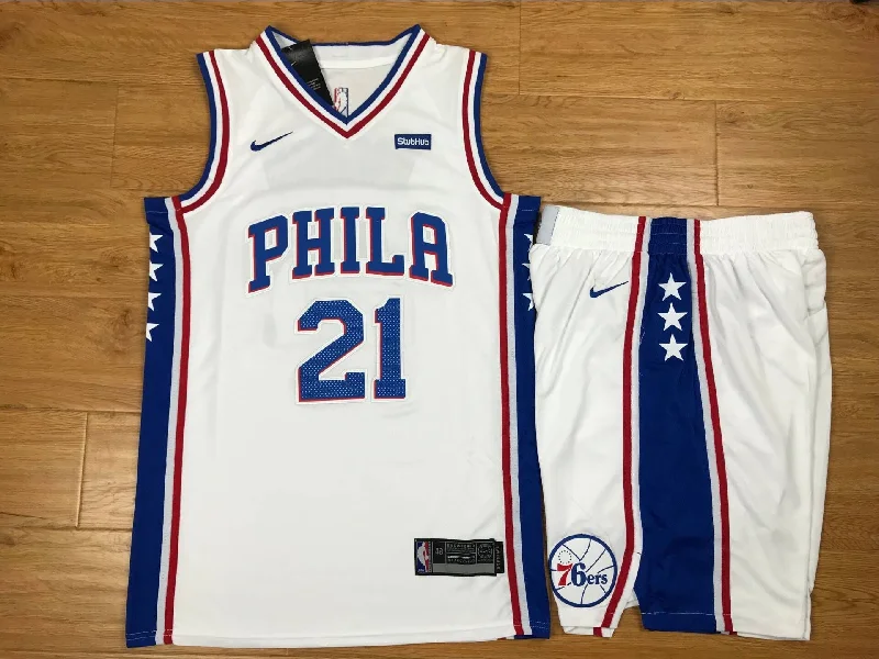 Basketball Jersey for High-School Basketball Players-76ers 21 Joel Embiid White Swingman Basketball Jersey(With Shorts)