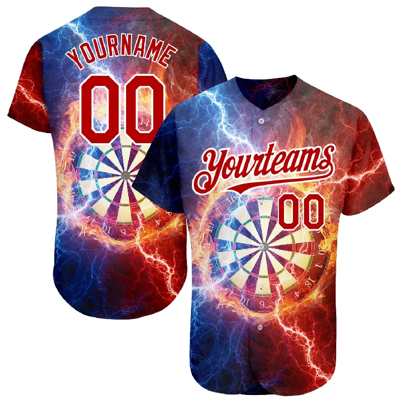 Baseball Jersey for Soft Material Comfort-Custom Black Red-White 3D Pattern Design Lightning Flame Dart Board Authentic Baseball Jersey