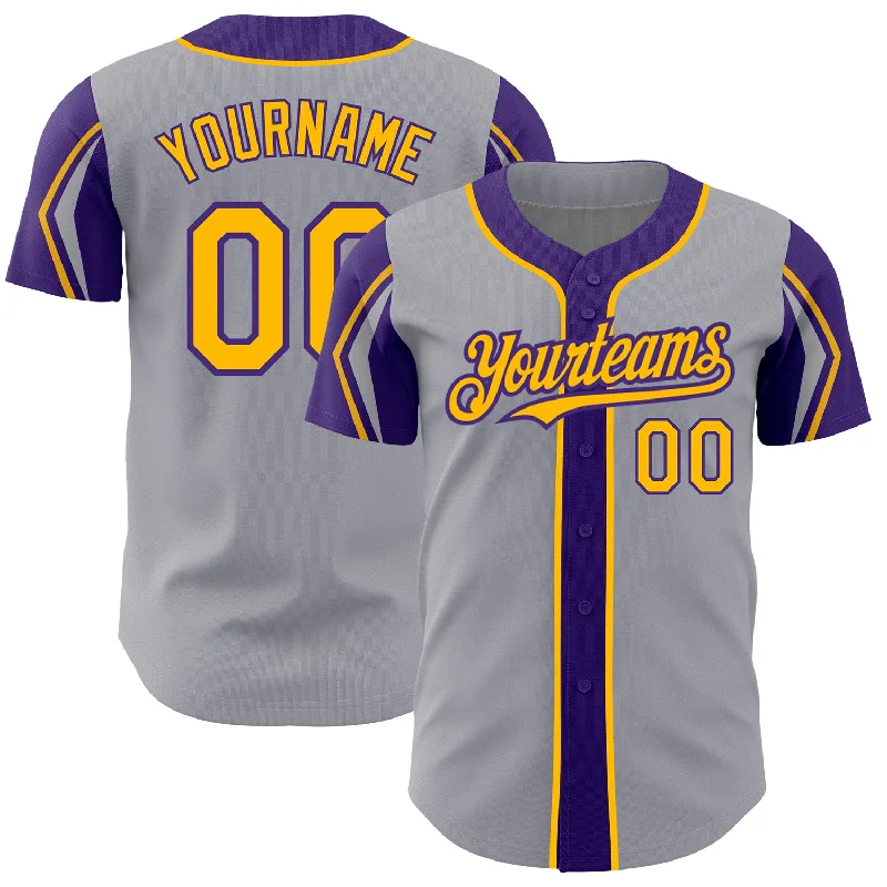 Baseball Jersey for Soft and Stretchy Material-Custom Gray Gold-Purple 3 Colors Arm Shapes Authentic Baseball Jersey