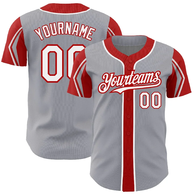 Baseball Jersey for Baseball Game Gear-Custom Gray White-Red 3 Colors Arm Shapes Authentic Baseball Jersey