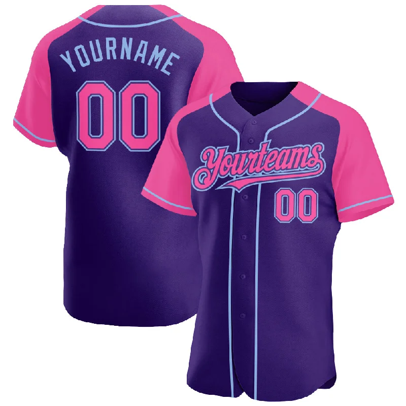 Baseball Jersey for Custom Team Apparel-Custom Purple Pink-Light Blue Authentic Raglan Sleeves Baseball Jersey