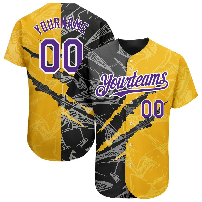 Baseball Jersey for Supportive Fan Gear-Custom Graffiti Pattern Purple Yellow-Black 3D Scratch Authentic Baseball Jersey