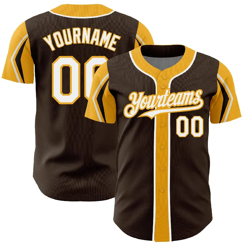 Baseball Jersey for Softball and Baseball Teams-Custom Brown White-Gold 3 Colors Arm Shapes Authentic Baseball Jersey