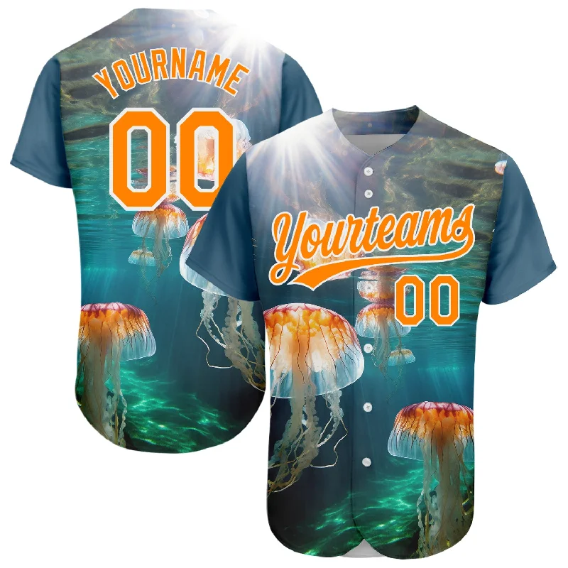 Baseball Jersey for Supportive Fan Gear-Custom Navy Bay Orange-White 3D Pattern Design Jellyfish In The Ocean Authentic Baseball Jersey