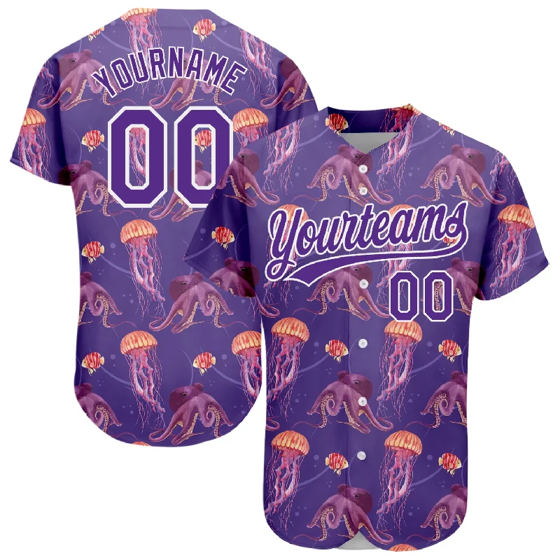 Baseball Jersey for Lightweight Material-Custom Purple White 3D Pattern Design Jellyfish And Octopus Authentic Baseball Jersey