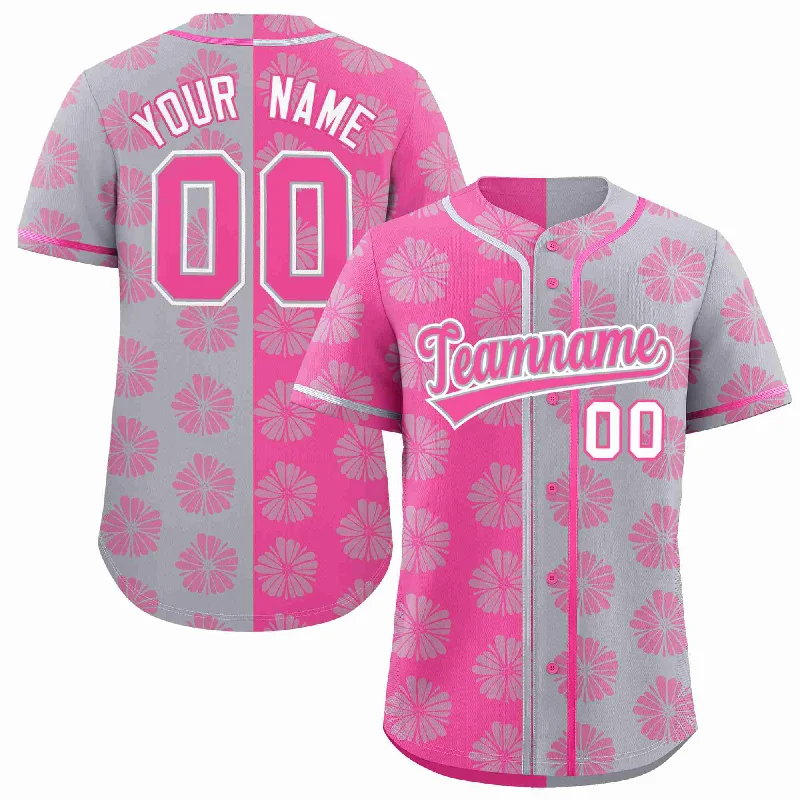 Baseball Jersey for Custom Team Logos and Names-Custom Pink Light Gray Split Fashion Flower Graffiti Pattern Authentic Baseball Jersey