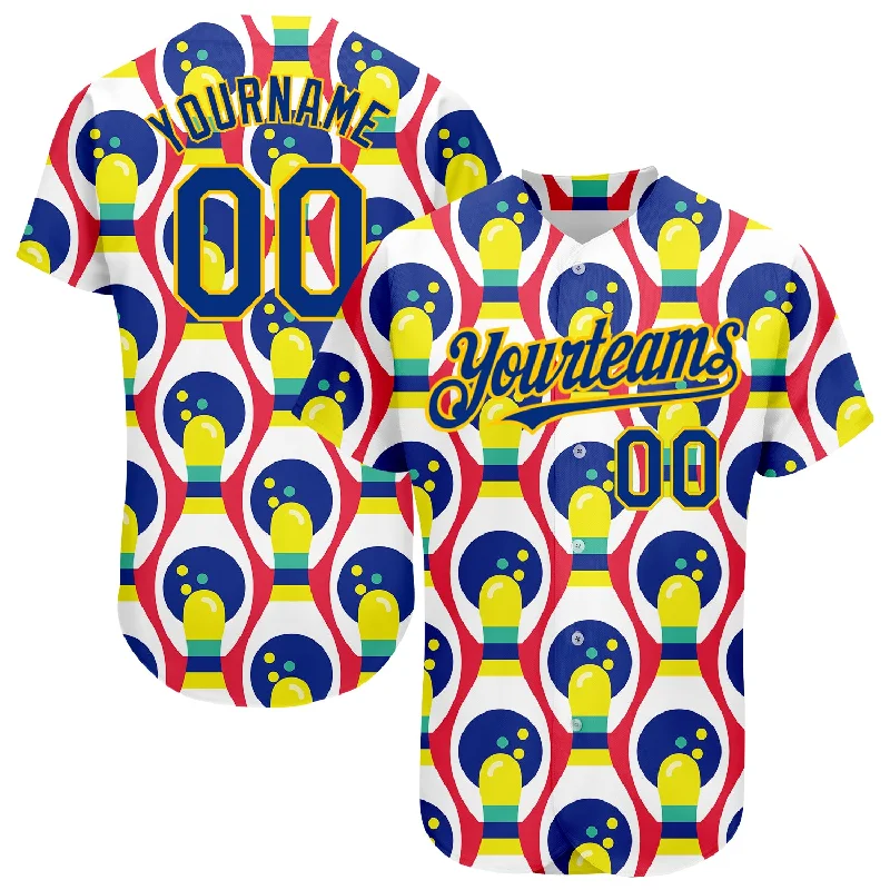 Baseball Jersey for Baseball Event Merch-Custom White Royal-Yellow 3D Pattern Design Bowling Authentic Baseball Jersey